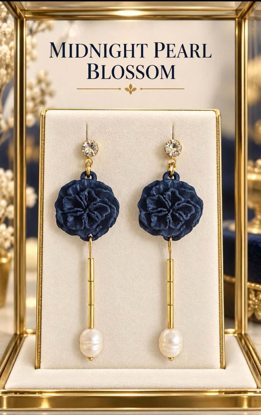 Midnight Pearl Blossom Blue Denim Camellia Flower earrings